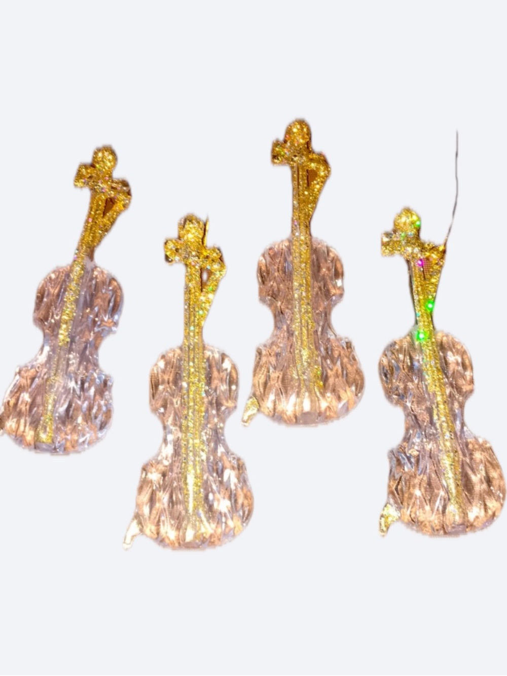 Clear 3D Violin Christmas Ornaments Gold Glitter Set of 4 Luxury NEW
